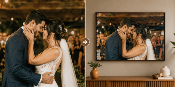 Foto de casamento e o quadro pendurado na parede