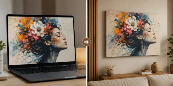 Arte criada com IA e o quadro pendurado na parede