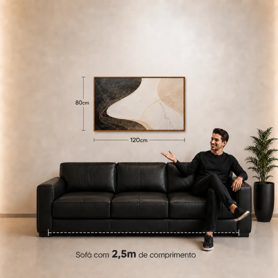 Quadro de 120 &times; 80 cm na parede, acima de um sof&aacute; de 2,5 m, com as medidas indicadas