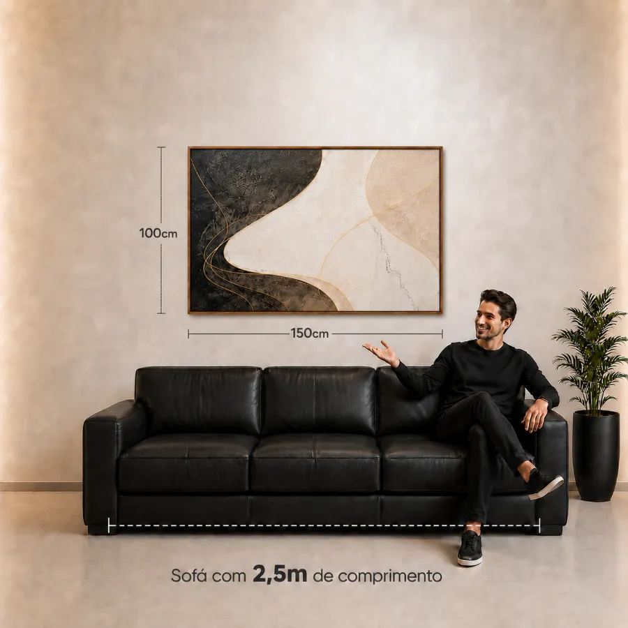Quadro de 150 &times; 100 cm na parede, acima de um sof&aacute; de 2,5 m, com as medidas indicadas