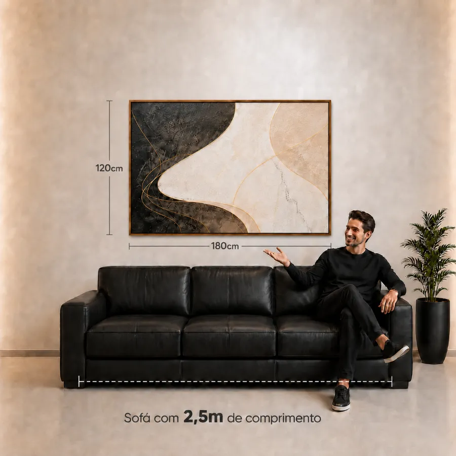 Quadro de 180 &times; 120 cm na parede, acima de um sof&aacute; de 2,5 m, com as medidas indicadas