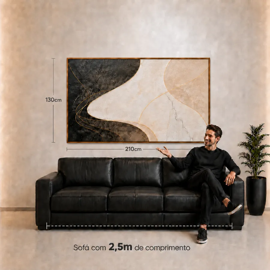 Quadro de 210 &times; 130 cm na parede, acima de um sof&aacute; de 2,5 m, com as medidas indicadas