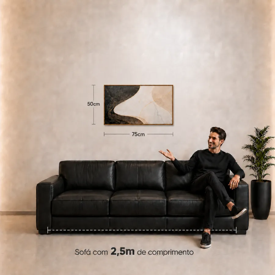 Quadro de 75 &times; 50 cm na parede, acima de um sof&aacute; de 2,5 m, com as medidas indicadas