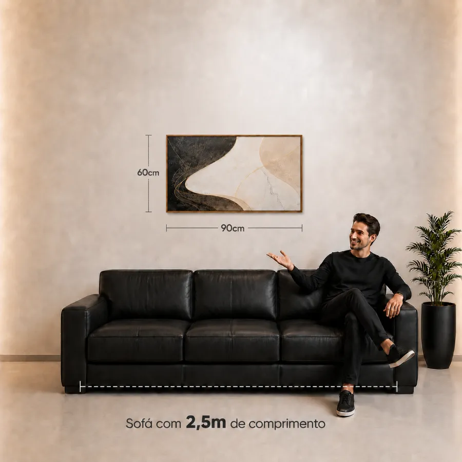 Quadro de 90 &times; 60 cm na parede, acima de um sof&aacute; de 2,5 m, com as medidas indicadas
