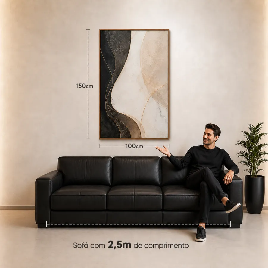 Quadro de 100 &times; 150 cm na parede, acima de um sof&aacute; de 2,5 m, com as medidas indicadas