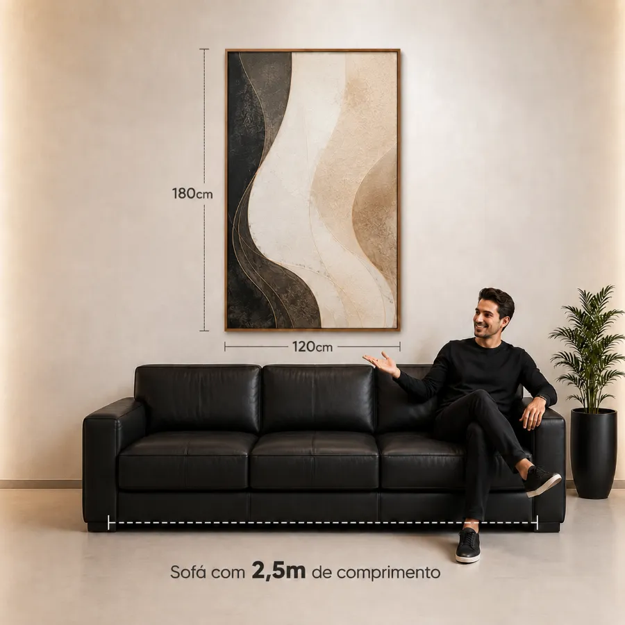 Quadro de 120 &times; 180 cm na parede, acima de um sof&aacute; de 2,5 m, com as medidas indicadas