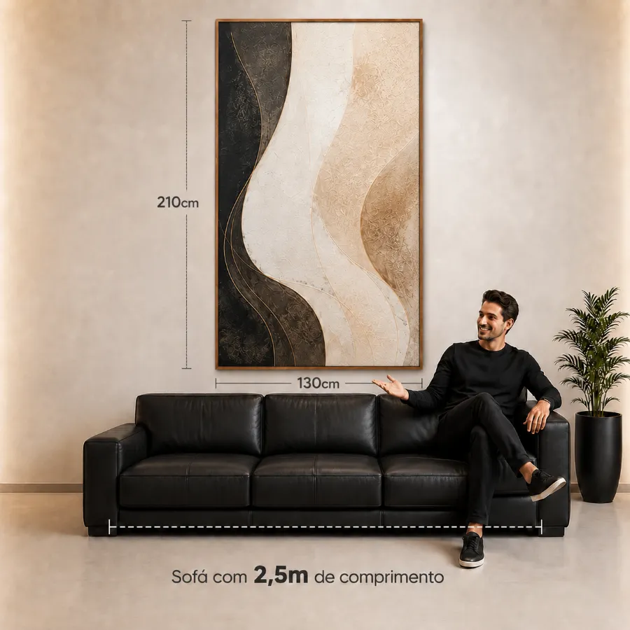 Quadro de 130 &times; 210 cm na parede, acima de um sof&aacute; de 2,5 m, com as medidas indicadas