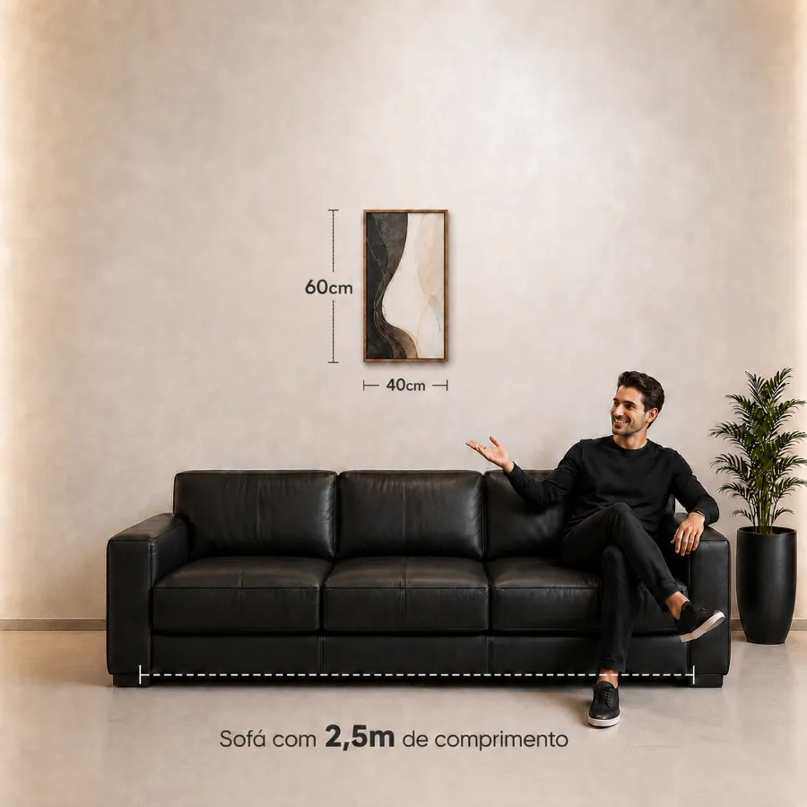 Quadro de 40 &times; 60 cm na parede, acima de um sof&aacute; de 2,5 m, com as medidas indicadas