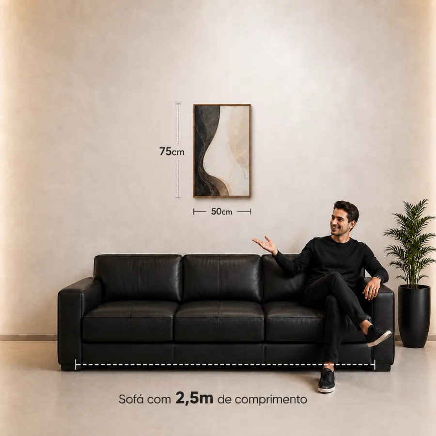 Quadro de 50 &times; 75 cm na parede, acima de um sof&aacute; de 2,5 m, com as medidas indicadas