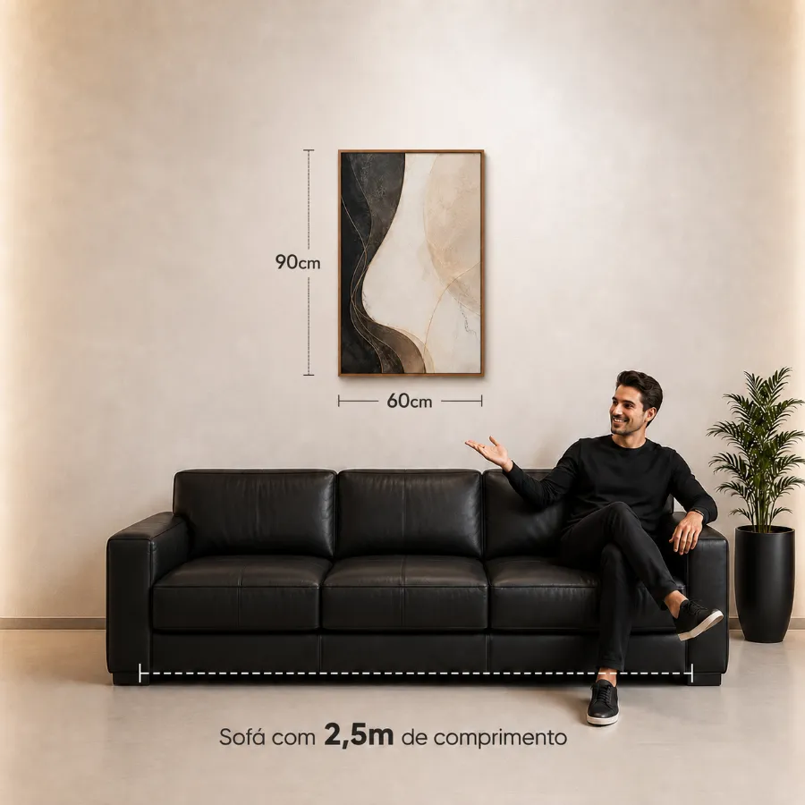 Quadro de 60 &times; 90 cm na parede, acima de um sof&aacute; de 2,5 m, com as medidas indicadas