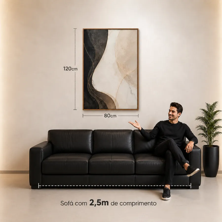 Quadro de 80 &times; 120 cm na parede, acima de um sof&aacute; de 2,5 m, com as medidas indicadas